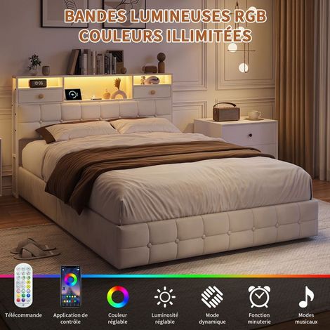 Lit double 140x200 cm, Lit 140x200 cm avec LED, Cadre de lit en metal, Lit 2 personnes, 4 tiroirs et sommier inclus, Sans matelas (1/5)