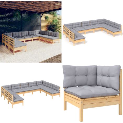 Set Divani da Giardino 9 pz con Cuscini Grigi Massello di Pino - Divano angolare - Cuscino da giardino
