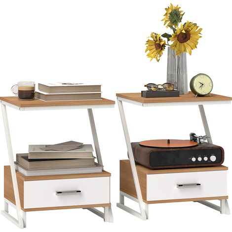 Set di 2 tavolini laterali a forma di Z con cassetto e scomparto, ideali per il soggiorno, dimensioni 40x35x50 cm,naturale.