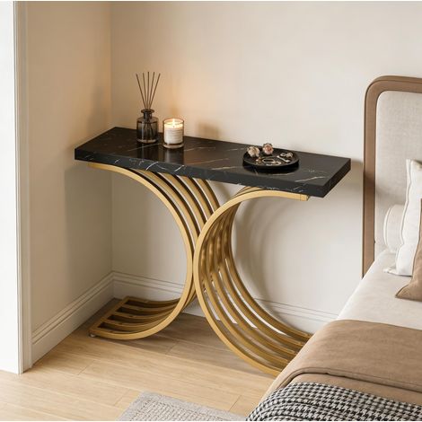 Table console 100x30x80 cm noir et or, plateau effet marbre, structure métal, design étroit MEUBLIV (1/5)