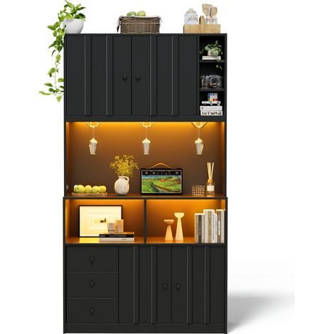 Buffet haut de cuisine Noir,meuble moderne avec LED,plan de travail,prise avec USB,portes vitrées,100x40x180cm (1/5)