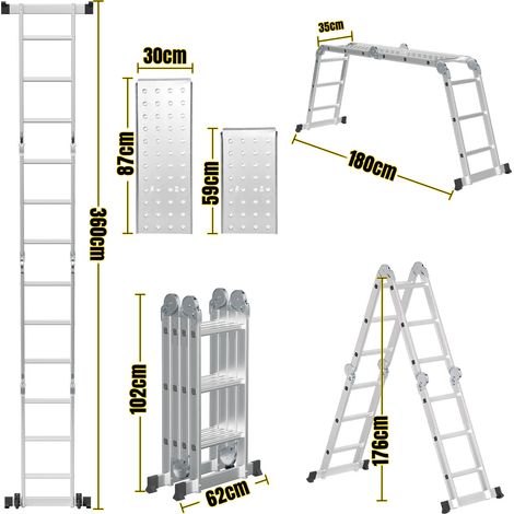 Jiubiaz Leiter Mehrzweckleiter Alu Gelenkleiter Klappleiter 360cm Multifunktionsleiter Aluleiter Mit Plattform Bis 150KG 4 X 3 Stufen Silber