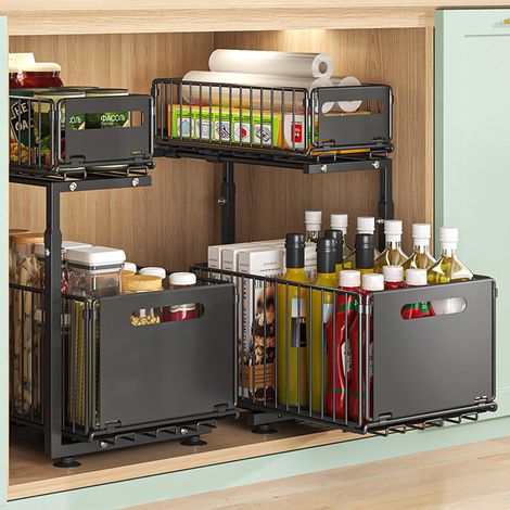 Rangement sous Évier en Métal à 2 Niveaux avec Tiroir de Rangement Coulissant Étagère sous Évier Organiseur pour Cuisine et Salle de Bain Acier au Carbone Hauteur Réglable (Noir-2 Packs)