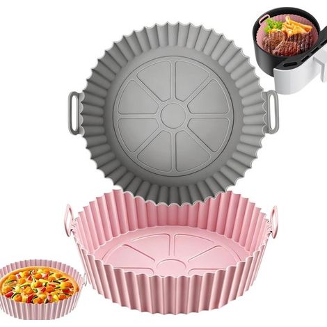 Lot de 2 plateaux pour friteuse à air chaud - Moule de cuisson en silicone - Accessoires pour friteuse à air chaud - 20 cm - Gris et rose - Réutilisables - Silicone - Compatibles avec la plupart des f (1/5)