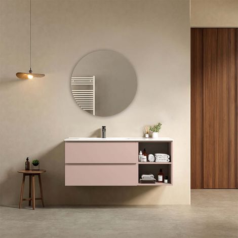 Mobile bagno sospeso 120 cm Rosa Retro Lavabo a Sinistra in Ceramica Specchio Tondo - Fiji Paint Plus (1/4)