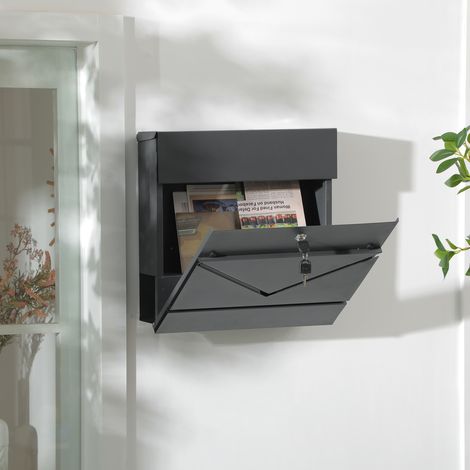 Boîte à lettres grise en acier zingué, 37x10,5x37 cm, avec porte-journaux et 2 clés de sécurité. (1/5)