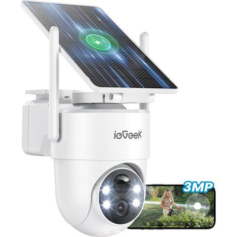 ieGeek Caméra de surveillance solaire extérieure PTZ 360° 2K, batterie WiFi sans fil avec détecteur de mouvement PIR, vision nocturne en couleurs, audio bidirectionnel, 2.4GHz