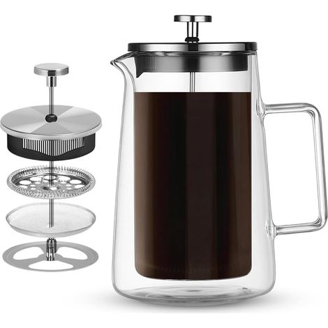 Cafetière à piston en verre pour la maison - Design thermique à double paroi - Cafetière manuelle - Filtre transparent - Passe au lave-vaisselle - Pour café et thé - 1000 ml (1/5)