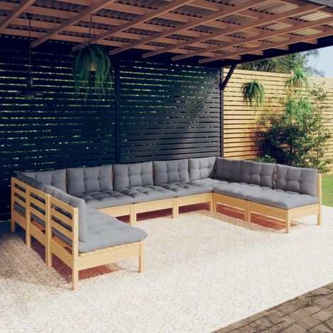 Juego de muebles de jardín 9 pzas y cojines madera maciza pino vidaXL (1/5)