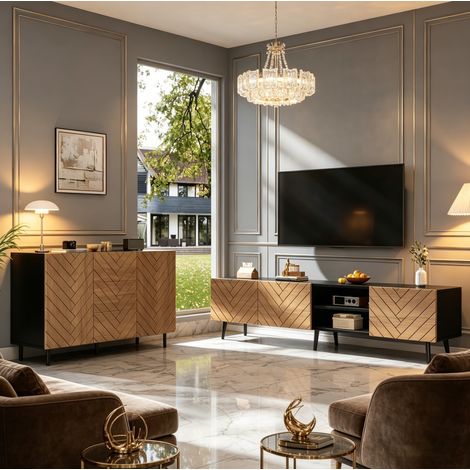 Ensemble meuble TV 180x33,5x45 cm et buffet 120x40x76 cm avec rangement, panneau de particules décor bois naturel (1/5)