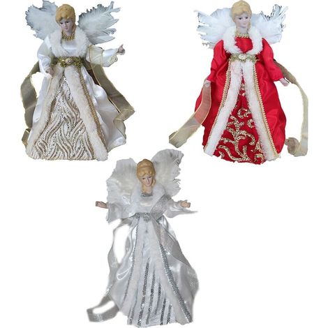 Angelo custode con pelliccia oro bianco rosso per puntale Albero di Natale H 27 Decorazioni natalizie addobbi in tessuto - colorigenerali: bianco e argento (1/5)