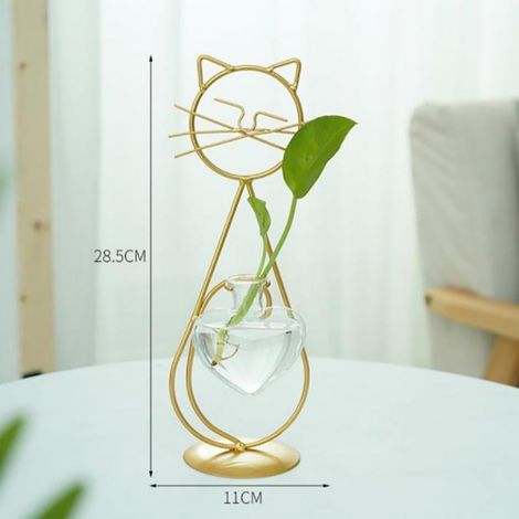 Vase Hydroponique - Cadre En Fer - Verrerie En Verre Borosilicaté Transparent - Forme De Chat - Pour Plantes D'intérieur - 1 Pièce (1/5)
