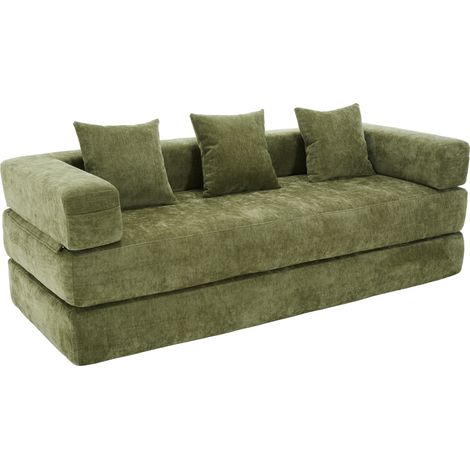 Divano letto, divano da 3 posti con tasche laterali e base antiscivolo, 3 cuscini, in tessuto felpa (chenille), verde (1/5)