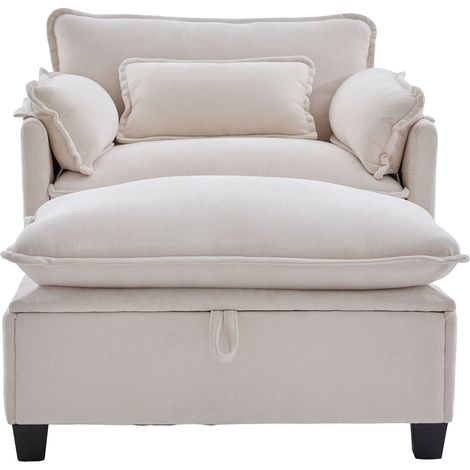 Fauteuil moderne extra grand avec pouf fauteuil de loisirs en chenille avec poches latérales et coussin fauteuil de lecture confortable pour salon, chambre et appartement (chenille beige)