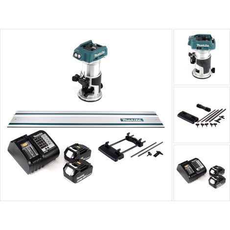 Makita DRT 50 SF Akku Multifunktionsfräse 18V Brushless + 2x Akku 3,0Ah + Ladegerät + Führungsschienen Adapter + Führungsschiene 1000mm