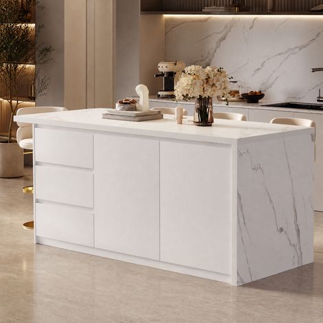 Îlot central de cuisine 183 cm avec rangements multiples, tiroirs, placards et étagères, grand plan de travail, meuble de cuisine multifonction moderne, blanc mat (1/5)