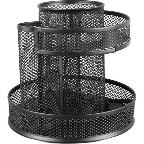 Porte-stylo rotatif en métal robuste à 7 compartiments, en maille noire, idéal pour la maison, le bureau ou une résidence étudiante.