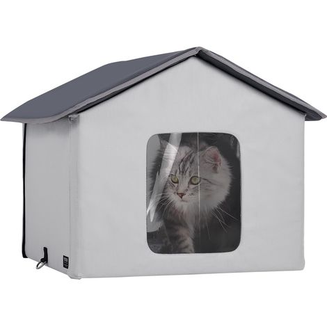 Maison Chat Chauffante, Niche Chat Extérieur avec Coussin Chauffant, Température Réglable, Minuterie, Abri Hiver pour Chats Pliable en Tissu Oxford 600D Confortable pour Rester au Chaud, Gris, M (1/5)