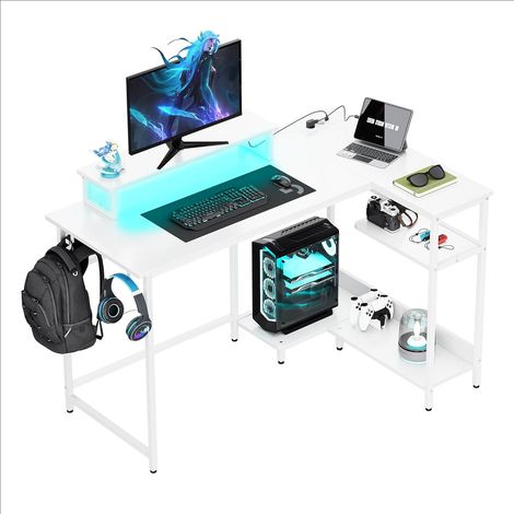 DEVAISE L-förmiger Eckschreibtisch 122 x 80 cm – Gaming-LED – Monitorständer, Haken – Weißeiche (1/5)