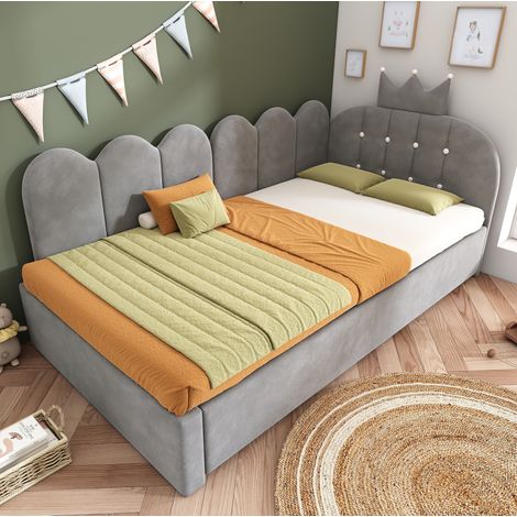 Lit banquette 90x200 cm avec lit gigogne, L, velours gris, design couronne, REDOM (1/5)