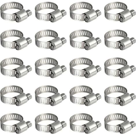 Packung mit 20 Edelstahl-Schlauchschellen für Kraftstoffleitungen. Geeignet für Kfz-Verrohrung, Schwimmbäder, Autos, Teiche und Gärten (6–12 mm). (1/5)