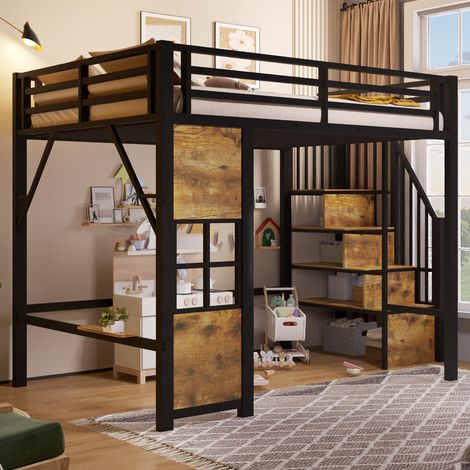 Cama alta infantil 140x200 cm con escalera con almacenaje, barandillas y zona de juego abierta, estructura de metal y MDF negra – CHICFURN para dormitorio infantil (1/5)