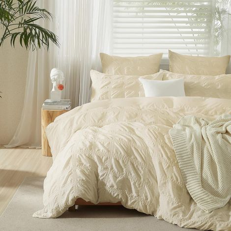 Housse de Couette 220x240cm Beige Gaufré Carreaux Structuré Parure de lit 2 Personnes Adulte Set de Housse Couette en Doux Microfibre avec 2 Taie d'oreiller 65x65 avec Fermeture Éclair (1/5)