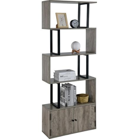 Padma House Regal, Wandregal,Bücherregal mit Unterschrank, Leiterregal,für Wohnzimmer, Büro, Schlafzimmer, Küche, S-förmiges Design,(174.5 x 70x25 cm) (Grau)