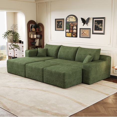 Sofá en L de 241x151x58 cm, sin montaje, tejido de pana suave, verde (1/5)