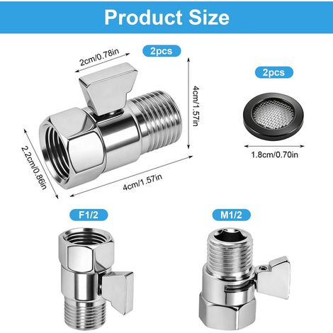Vanne d'arrêt pour douche 1/2 pouce G1/2 Régulateur de débit d'eau Valve d'arrêt universelle en aluminium chromé pour douchette tuyau de douche pulvérisateur de bidet lot de 2 (1/5)