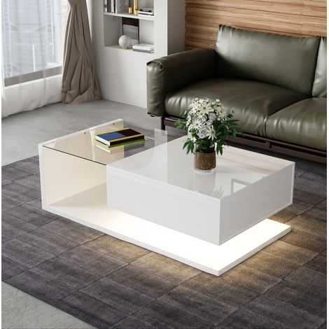 Tavolino 105x55x32,5 cm in legno laccato con piano in vetro, illuminazione LED, ripiano portaoggetti e 1 cassetto, bianco (1/5)