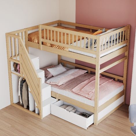 Etagenbett Massivholz 90x200 cm mit Stauraum und Schubladen, Kinderbett Jugendbett mit Sicherheitsleiter und Lattenrost, Holzfarbe (1/5)