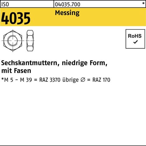 Sechskantmutter ISO 4035 niedrig Fasen M2 Messing 100 Stück