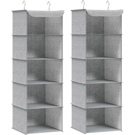 Étagère Suspendue Organisateur Penderie Pliable Gain de Place Rangement Placard avec Crochets en Métal Renfort en Bambou Motif Lin Gris Clair RCH005W02 (1/5)