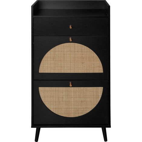 Schuhschrank mit 2 Türen, 1 Schublade und 2 Herausnehmbaren Einlegeböden, mit Rand und Wandbefestigung, Schwarz, 60 cm (1/5)