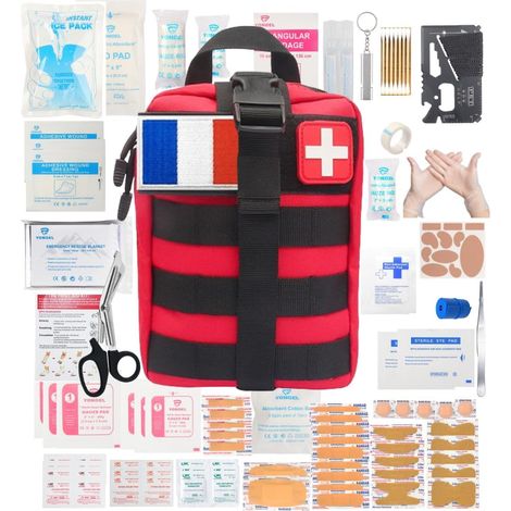 Trousse de Premiers Secours - Chasse, Pêche, Randonnée, Survie, Maison, Voiture, Voyages - Couverture de Survie Isothermique - Carte multi - Ciseaux… (Rouge) (1/5)