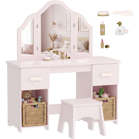 Coiffeuse pour enfant avec tabouret. miroirs. tiroirs et placards en bois. à partir de 3 ans. rose (1/5)