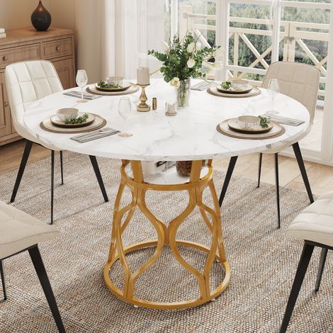 Tavolo da pranzo rotondo 100x100x75 cm, con ripiano integrato, effetto marmo, struttura in metallo, MDF bianco e oro (1/5)