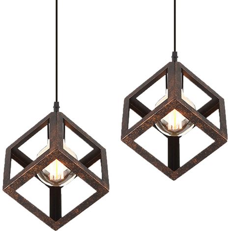 Lot de 2 Suspension Luminaire Moderne Lustre Forme Cube Lampe de Plafon de Style Géométrique en Métal E27 Plafonnier pour Chambre Salon Restaurant - 16CM, Rouille BLOW (1/5)