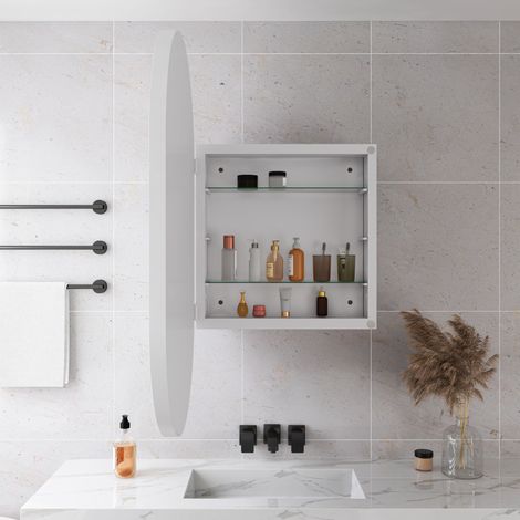 Meuble de rangement mural à glace ovale, placard de toilette encastrable, armoire avec cadre métallique et étagères modulables, miroir de salle de bain avec étagères, blanc, pour salle d'eau, séjour e (1/5)