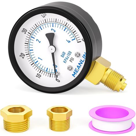 0-4BAR/0-60Psi Pressure Gauge for Well Pump, with Hexagonal Sleeve 1/4"x 1/2"BSP and 1/4"x 3/8"BSP,Water Pressure Test, Oil and Air Pressure Test Bottom Mounting (1/5)