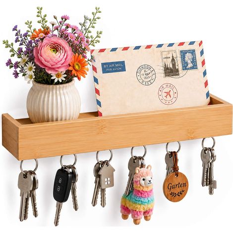 Bamboo Key Rack with 6 Hooks and Shelf - Natural Finish (1/5)