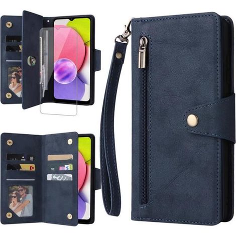 Verre trempé+Etui pour Samsung Galaxy S21 FE 5G 6.41\" - En cuir synthétique de qualité supérieure - Avec Fermeture éclair - bleu-Ywey (1/5)