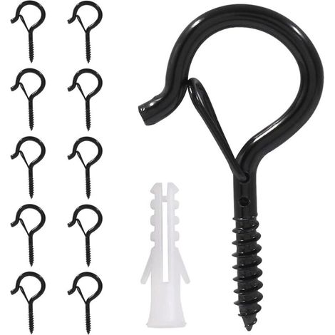 Set di 10 ganci a vite, ganci ad occhiello neri, ganci a vite in acciaio inossidabile, con anello di sicurezza, gancio per soffitto in legno, per uso esterno, giardino, piante, mangiatoie per uccelli,