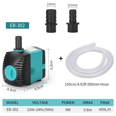 Pompe à eau submersible pour fontaine (450 l/h, 6 W) avec 2 buses, hauteur de refoulement de 0,8 m, tuyau d'arrosage de 1,5 m (1/4)