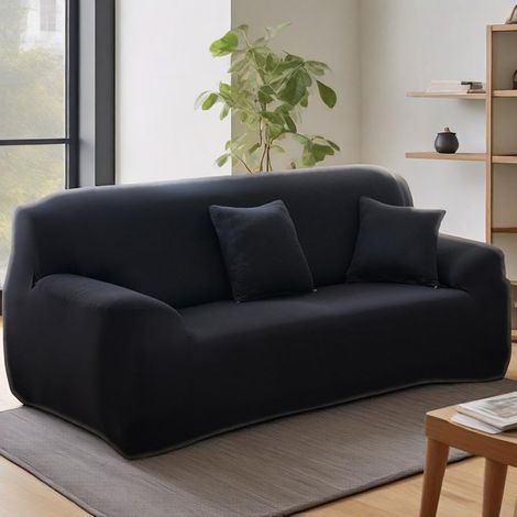 Stretch Sofa Cover, Solid Color, Sofa Cover with Armrests 1 2 3 4 Seater, Super Elastic Universal Sofa Cover, Non-Slip (Black 02, 2 Seater) (1/5)