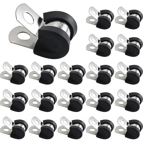Lot de 20 Collier de Serrage, polyvalents Collier de Fixation de Tubes avec Insert en Caoutchouc, P-Clips de Serrage robustes en Acier Inoxydable, Coussin Colliers pour Tuyaux, Câbles, Conduits (8mm) (1/5)