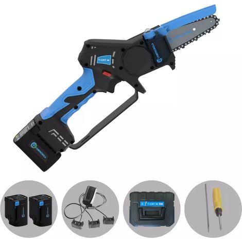 kit valigetta potatore a catena a batteria campagnola "t-cat m" barra 10 cm 2 batterie 14,4v 2,5ah, caricabatterie con tripla uscita, kit attrezzi e copri-barra