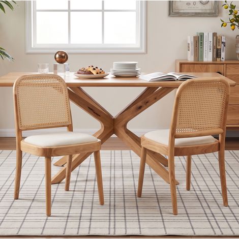 Lot de 2 chaises de salle à manger en bois avec dossier tressé, assise en tissu respirant et mousse 28D, style moderne, coloris bois – CHICFURN (1/5)