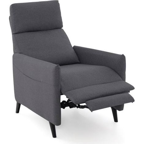 Fauteuil relax gris foncé en lin avec dossier inclinable et repose-pieds réglable pour salon, chambre et bureau (1/5)